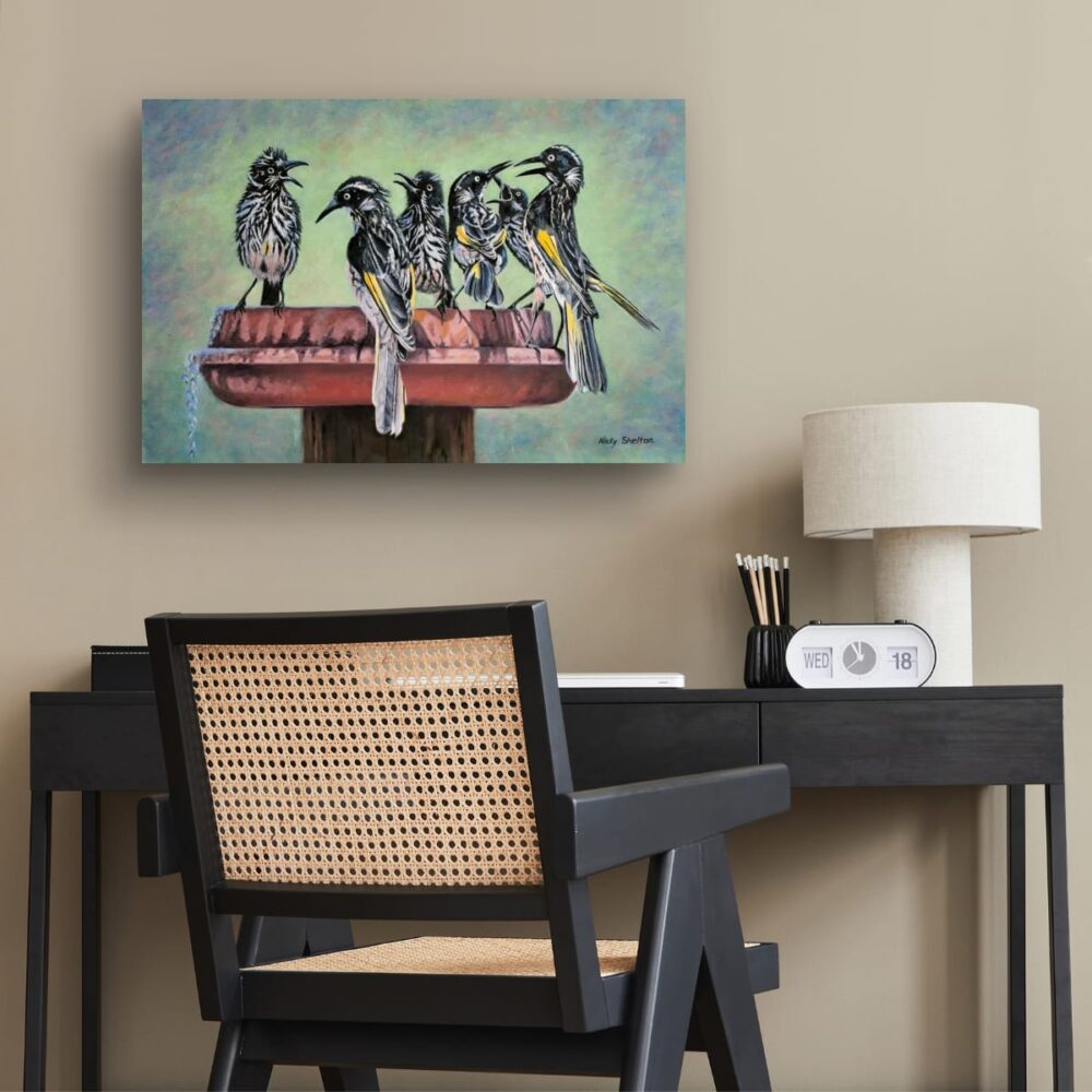 Oil painting of New Hollland Honey Eaters by Nicky Shelton, Australian bird artist.