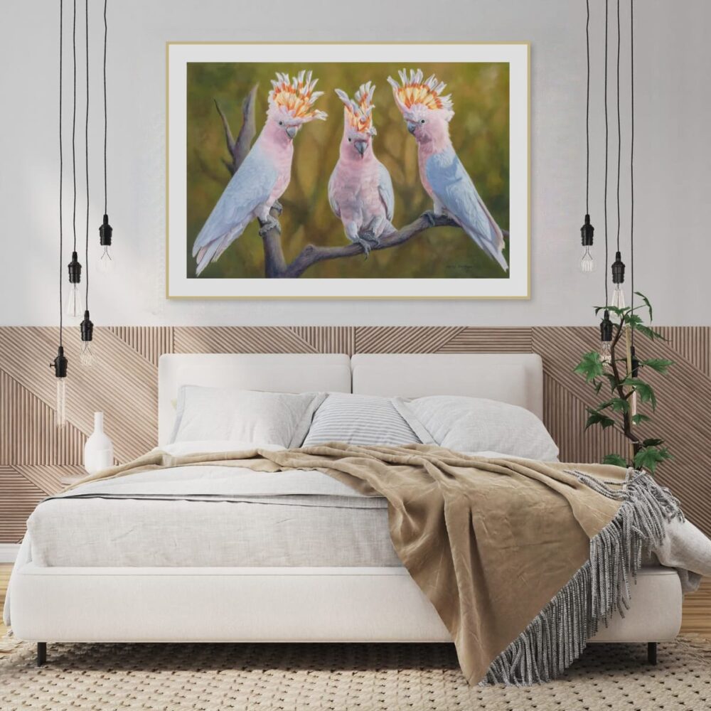 Print of Australian Pink Cockatoos painted in oils by Nicky Shelton, Australian bird artist.