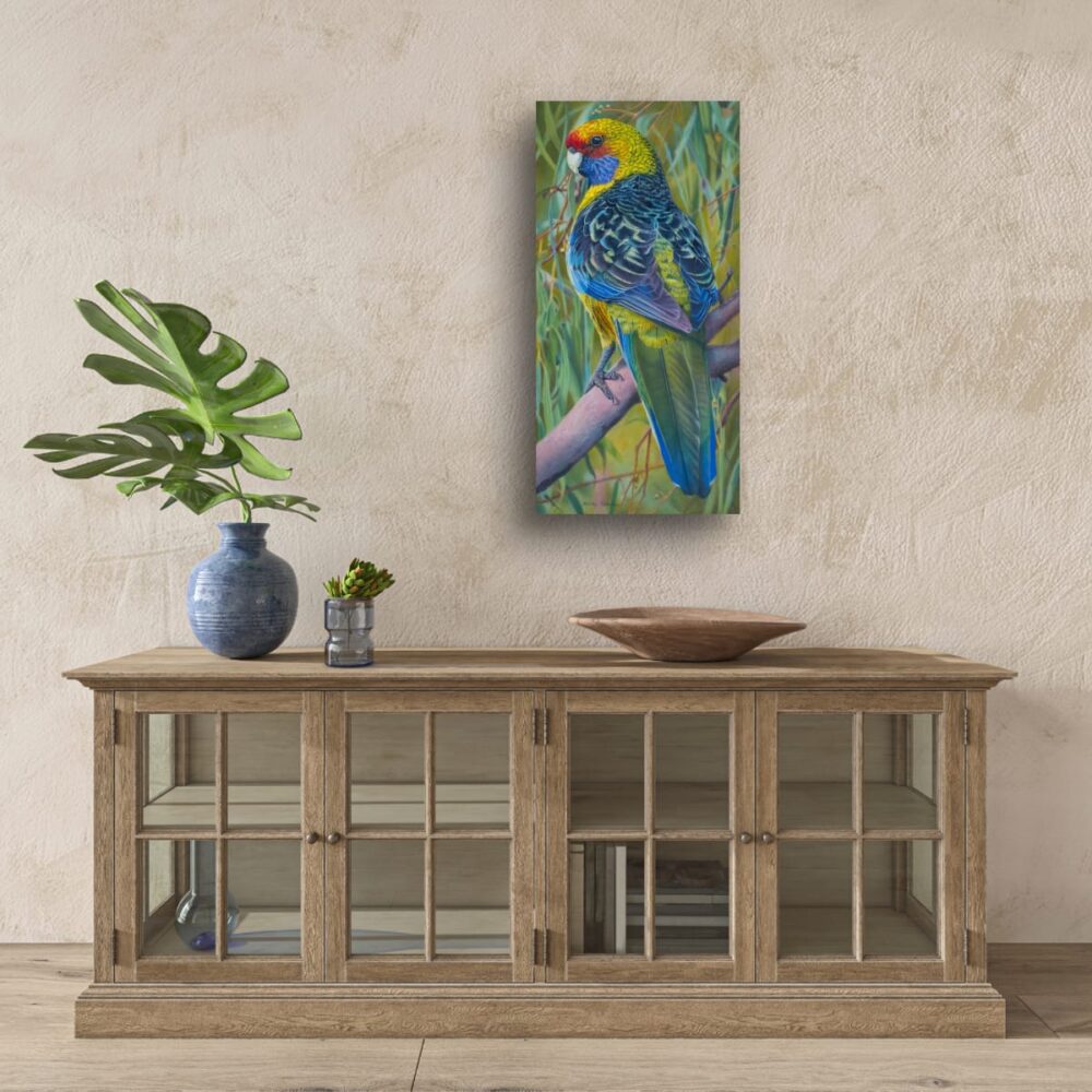 Oil painting of a female Tasmanian Green Rosella by Nicky Shelton, Australian bird artist.