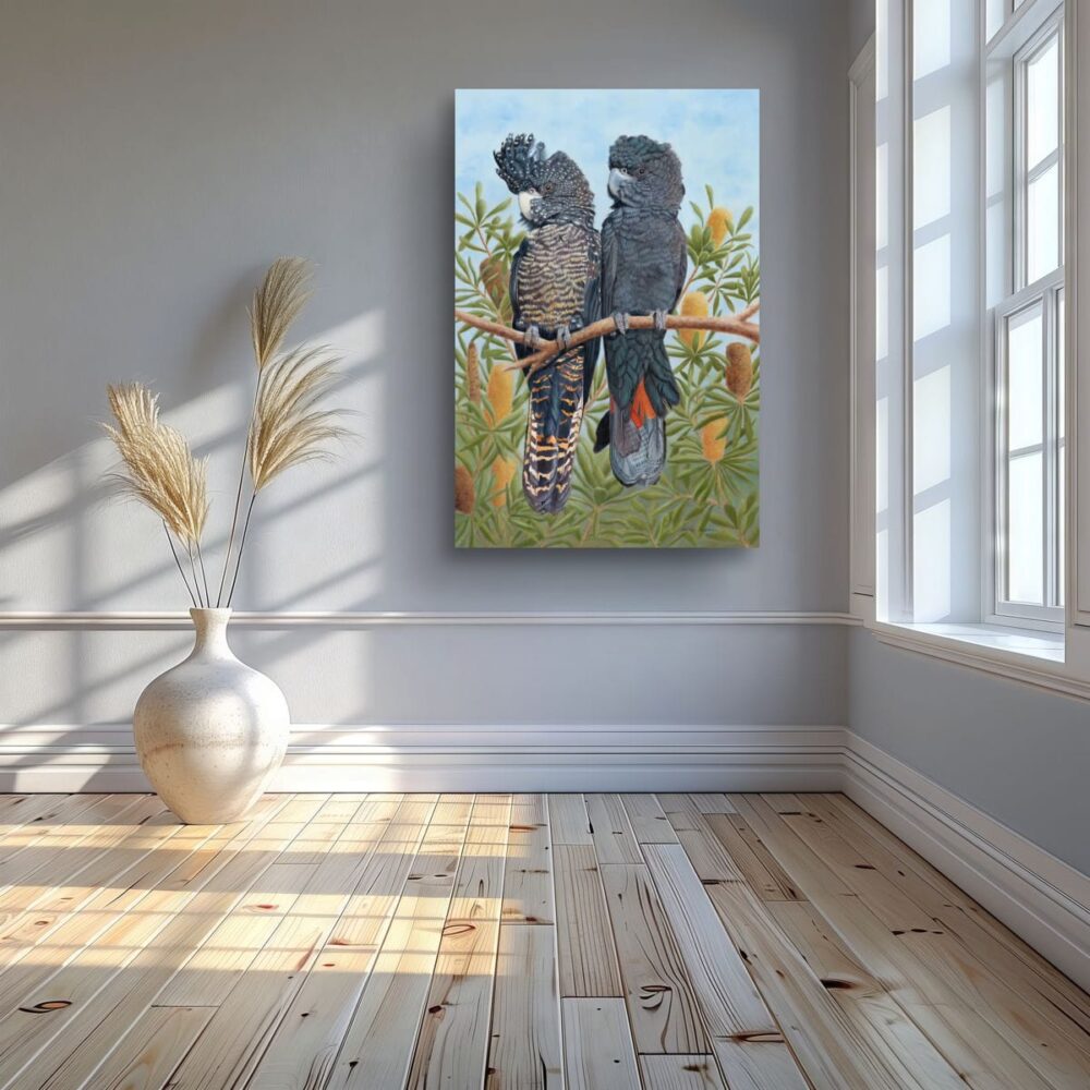 Oil painting of Red-tailed Black Cockatoos by Nicky Shelton, Australian bird artist.
