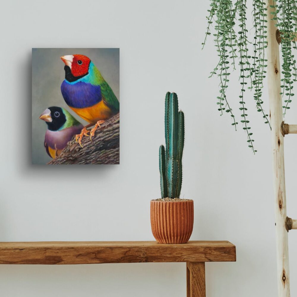 Oil painting of endangered Gouldian Finch's by Nicky Shelton, Australian bird artist.