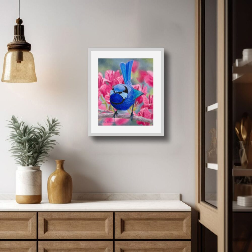 Oil painting of a Splendid Fairywren by Nicky Shelton , Australian bird artist.