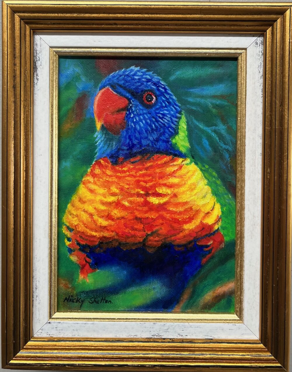 Oil painting of a Rainbow Lorikeet by Nicky Shelton, Australian bird artist.