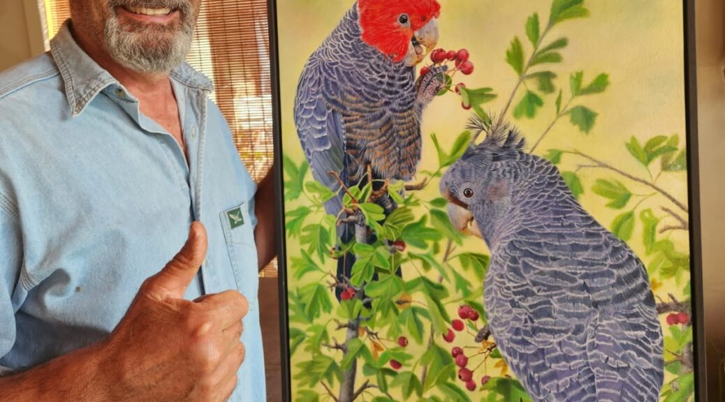 Oil painting of a pair of Gang-gang Cockatoos by Nicky Shelton, Australian bird artist.