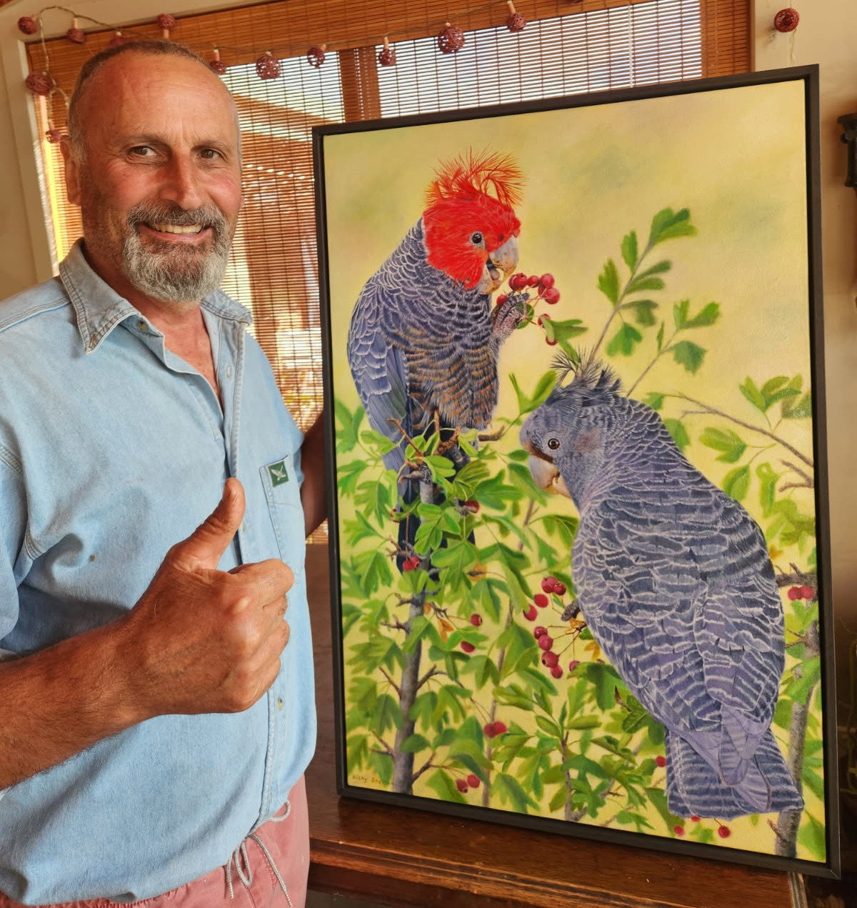 Oil painting of a pair of Gang-gang Cockatoos by Nicky Shelton, Australian bird artist.